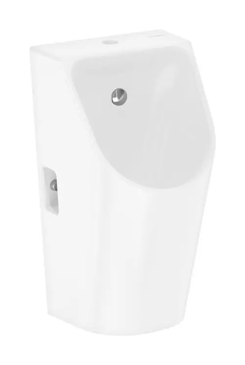 Weißes Urinal mit Zulauf von oben und Ablauf nach unten/hinten, spülrandlos. Produkt von Hansgrohe, geeignet für moderne Sanitäranlagen.